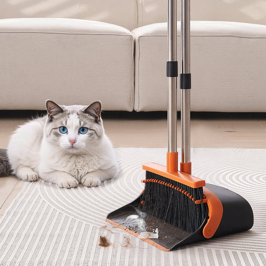 Heavy Duty Broom & Dustpan Set – Self Cleaning, Long Handle