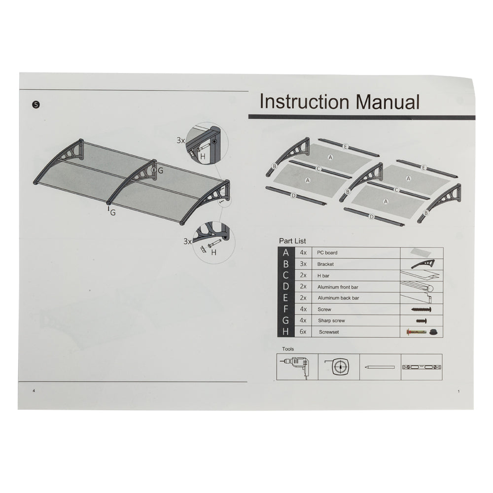 38×80” Door Awning Canopy – Polycarbonate Rain & Sun Protection
